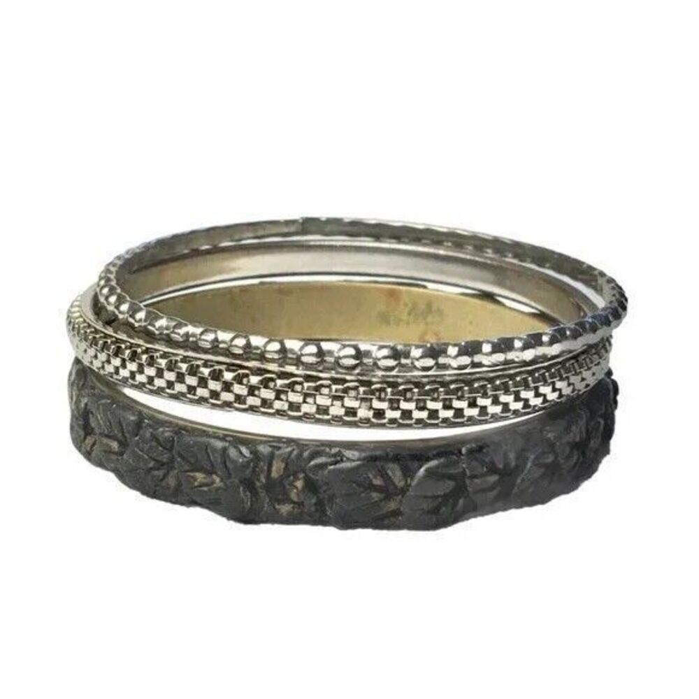 Lot of Bracelets Three Metal Bangle Stack Multicolor Antiqued Brass Silver Tone